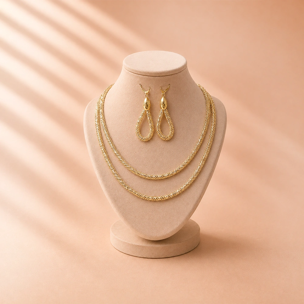 Layered Gold Necklace Set with Earrings